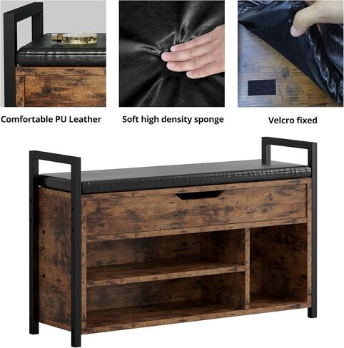 IRONCK Shoe Storage Bench, Entryway Bench with Lift Top Storage Box, Metal and Board Bench for Entryway, Two Tier Shoe Rack Organizer for Entryway, Hallway, Industrial, Vintage Brown in Kuwait