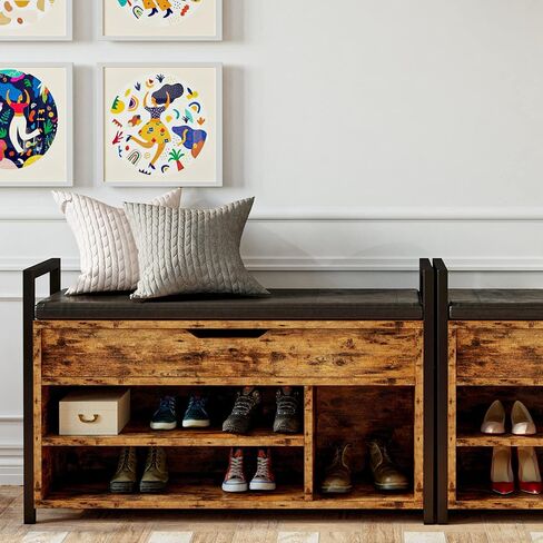 IRONCK Shoe Storage Bench, Entryway Bench with Lift Top Storage Box, Metal and Board Bench for Entryway, Two Tier Shoe Rack Organizer for Entryway, Hallway, Industrial, Vintage Brown in Kuwait