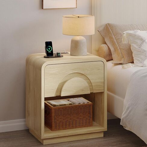 Bestier Night Stand Set of 2, 23.6" H Curved Nightstand with Charging Station, Farmhouse Bedside Table with Drawer & Open Shelf, Arched & Curved Nightstand, Solid Wood End Table for Bedroom, Natural in Kuwait