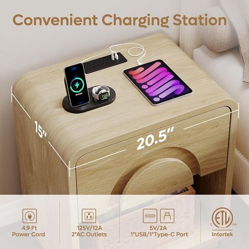 Bestier Night Stand Set of 2, 23.6" H Curved Nightstand with Charging Station, Farmhouse Bedside Table with Drawer & Open Shelf, Arched & Curved Nightstand, Solid Wood End Table for Bedroom, Natural in Kuwait