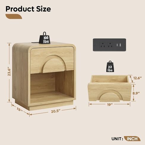 Bestier Night Stand Set of 2, 23.6" H Curved Nightstand with Charging Station, Farmhouse Bedside Table with Drawer & Open Shelf, Arched & Curved Nightstand, Solid Wood End Table for Bedroom, Natural in Kuwait