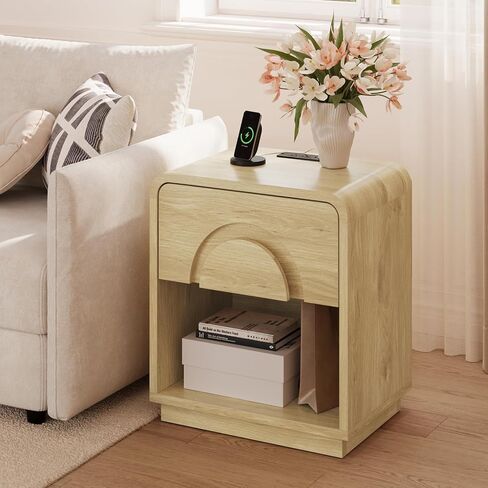 Bestier Night Stand Set of 2, 23.6" H Curved Nightstand with Charging Station, Farmhouse Bedside Table with Drawer & Open Shelf, Arched & Curved Nightstand, Solid Wood End Table for Bedroom, Natural in Kuwait