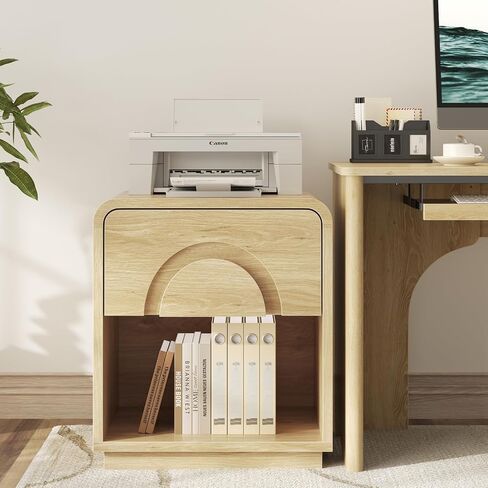 Bestier Night Stand Set of 2, 23.6" H Curved Nightstand with Charging Station, Farmhouse Bedside Table with Drawer & Open Shelf, Arched & Curved Nightstand, Solid Wood End Table for Bedroom, Natural in Kuwait