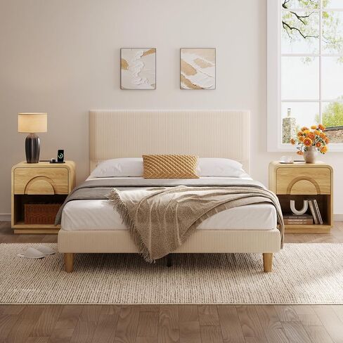 Bestier Night Stand Set of 2, 23.6" H Curved Nightstand with Charging Station, Farmhouse Bedside Table with Drawer & Open Shelf, Arched & Curved Nightstand, Solid Wood End Table for Bedroom, Natural in Kuwait