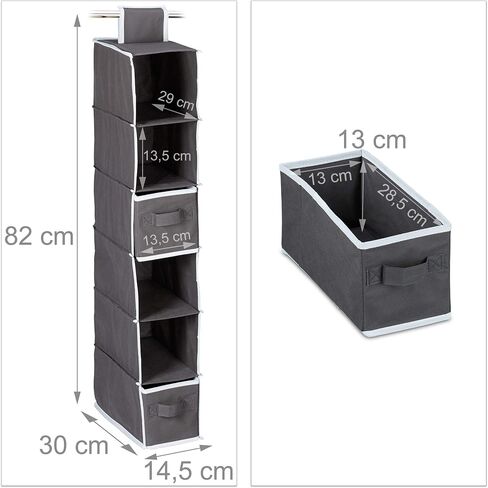 Relaxdays Fabric Hanging Shelves, 6 Compartments with 2 Drawers for the Closet, Foldable, 82 x 14.5 x 30 cm, Anthracite, Fleece in Kuwait