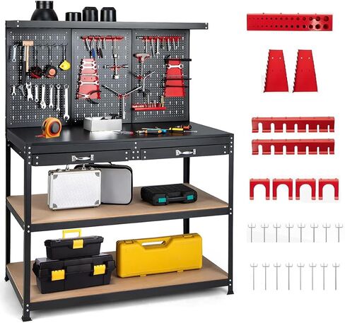ERGOMASTER Work Bench with Drawers,Heavy Duty Garage Workbench with Pegboard, 965LBS Capacity Work Table for Garage, Home, Workshop, Auto Shop, Basement (Red workbench with drawer) in Kuwait