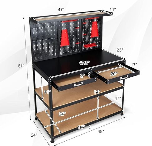 ERGOMASTER Work Bench with Drawers,Heavy Duty Garage Workbench with Pegboard, 965LBS Capacity Work Table for Garage, Home, Workshop, Auto Shop, Basement (Red workbench with drawer) in Kuwait