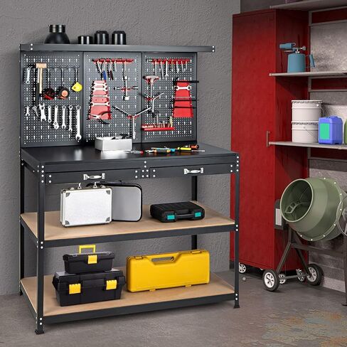 ERGOMASTER Work Bench with Drawers,Heavy Duty Garage Workbench with Pegboard, 965LBS Capacity Work Table for Garage, Home, Workshop, Auto Shop, Basement (Red workbench with drawer) in Kuwait