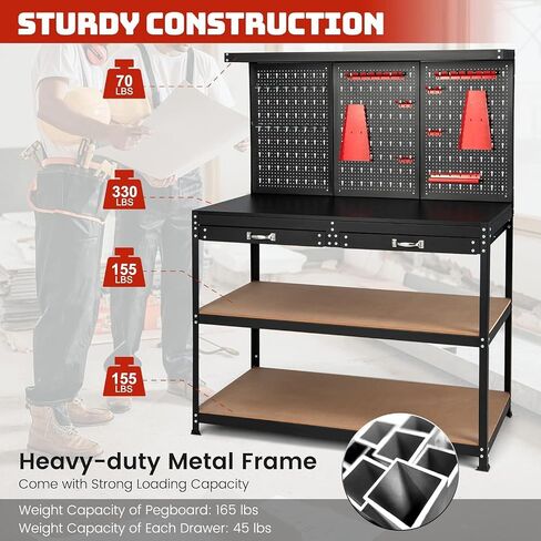 ERGOMASTER Work Bench with Drawers,Heavy Duty Garage Workbench with Pegboard, 965LBS Capacity Work Table for Garage, Home, Workshop, Auto Shop, Basement (Red workbench with drawer) in Kuwait