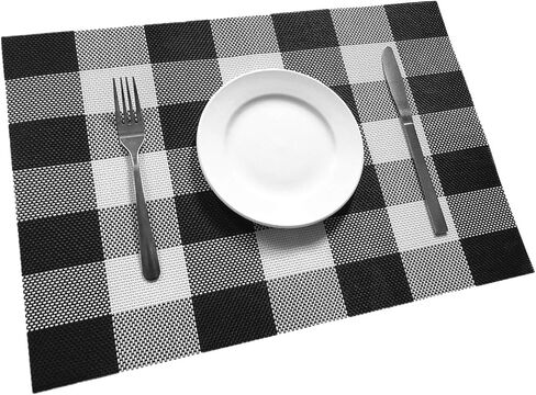 Ukeler Placemats Set of 6- Buffalo Check Placemats Crossweave Plaid Woven Placemats Washable Kitchen Table Mats, Black and White in Saudi Arabia