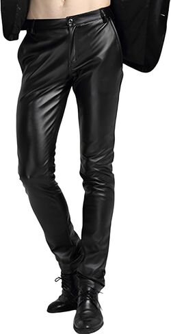 Yeokou Men's Skinny Straight Leg Tapered Pu Faux Leather Motorcycle Biker Pants in Kuwait