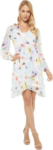Calvin Klein Women's Long Sleeved V Neck Chiffon Faux Wrap Dress in Kuwait