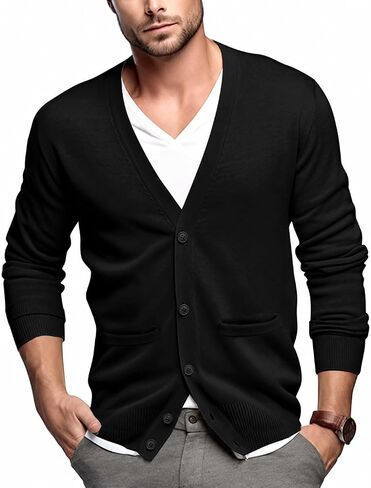 QUALFORT Mens Cardigan Sweater 100% Cotton Pockets Casual Slim Fit V-Neck Knitted Sweaters Button up in Kuwait