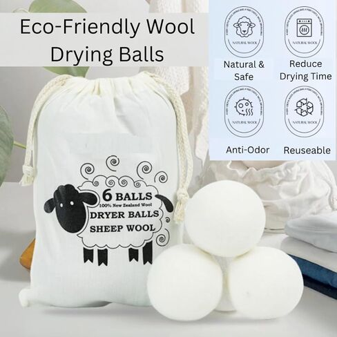 Wool Dryer Balls (6-Pack) – 100% Organic New Zealand Wool, Natural Fabric Softener, Reusable, Reduces Wrinkles & Drying Time, Eco-Friendly, Lint-Free, Chemical-Free Alternative to Dryer Sheets in Kuwait