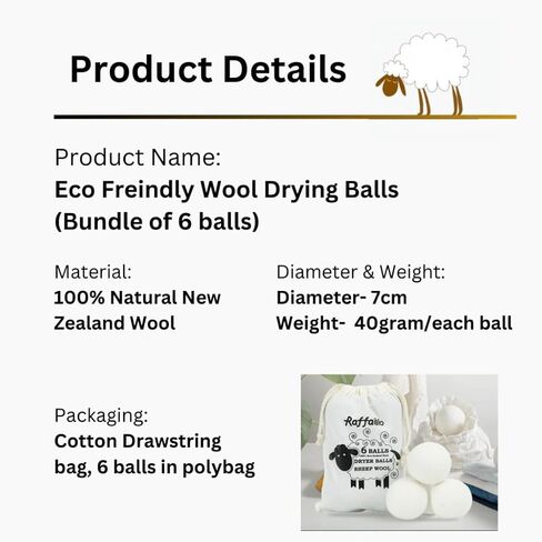 Wool Dryer Balls (6-Pack) – 100% Organic New Zealand Wool, Natural Fabric Softener, Reusable, Reduces Wrinkles & Drying Time, Eco-Friendly, Lint-Free, Chemical-Free Alternative to Dryer Sheets in Kuwait