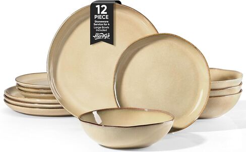 Herogo Dinnerware Sets for 8, 24pcs Stoneware Dinner Dish Set, Irregular Handmade Plates and Bowls Dishware, Microwave & Dishwasher Safe, Cream Khaki in Saudi Arabia