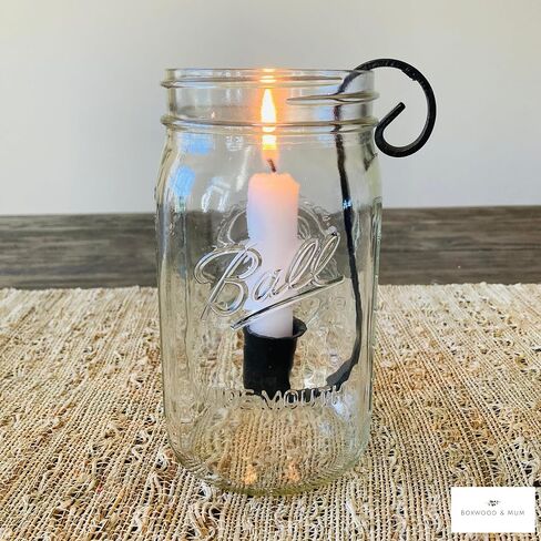 Rustic Mason Jar Candle Holder Inserts - Set of 2 Wrought Iron Hook for Taper Candles - Farmhouse Wedding Centerpiece, Christmas Candle Gift, Vintage Cottage Decor in Kuwait