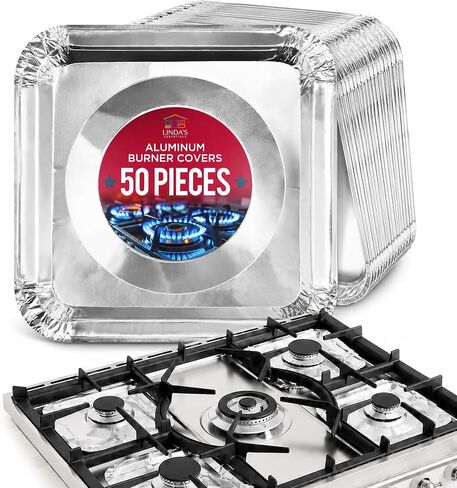 Gas Stove Burner Covers by Linda’s Essentials (50 Pack) | Disposable Aluminium Stove Burner Liners | 8.5" Square Heat Resistant Gas Range Protector | Thick Stove Top Covers For Gas Burners in Kuwait