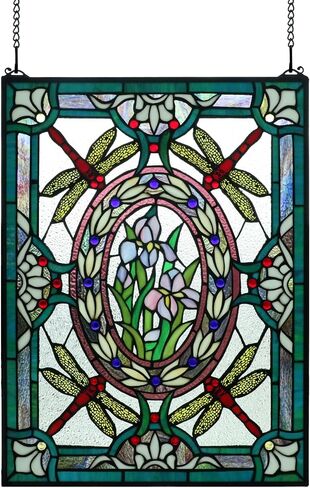 Tiffany Style Stained Glass Dragonfly Iris Floral Window Panel,25''*19'' in Kuwait