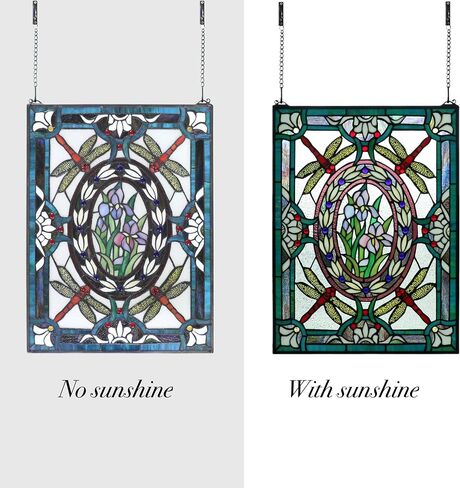 Tiffany Style Stained Glass Dragonfly Iris Floral Window Panel,25''*19'' in Kuwait
