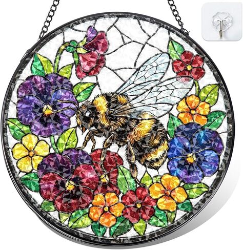 Hummingbird Stained Glass Suncatcher - Colorful Bird Sun Catcher Indoor Wall Decor Glass Panel Floral Window Hanging Ornament Gift for Mom, Grandma, Bird Lovers (8 inch) in Kuwait