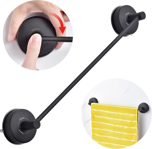 YOHOM Suction Cup Towel Bar for Shower 17 Inch Stainless Steel Bathroom Towel Rack Suction Washcloth Holder Vacuum Hand Towel Bar for Glass Shower Door Matte Black in Saudi Arabia