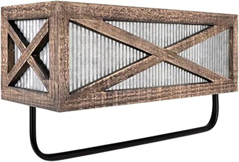 Autumn Alley Farmhouse Rustic Towel Rack Shelf Holder - Wood Towel Rack Basket Storage - Farmhouse Towel Holder for Rustic Bathroom and Farmhouse Kitchen Décor - Wall Mounted, Galvanized, Rustic Brown in Saudi Arabia