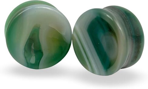 Pair of Green Line Agate Stone Concave Double Flare Plugs (STN-731) in Kuwait