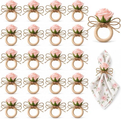 20 Pcs Flower Napkin Rings Set, Wooden Handmade Pink Rose Napkin Holders, Floral Napkin Rings for Wedding Banquet Birthday Party Table Decoration in Saudi Arabia