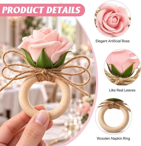 20 Pcs Flower Napkin Rings Set, Wooden Handmade Pink Rose Napkin Holders, Floral Napkin Rings for Wedding Banquet Birthday Party Table Decoration in Saudi Arabia