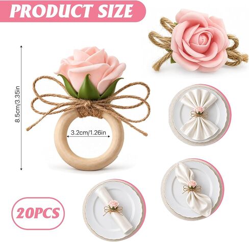20 Pcs Flower Napkin Rings Set, Wooden Handmade Pink Rose Napkin Holders, Floral Napkin Rings for Wedding Banquet Birthday Party Table Decoration in Saudi Arabia