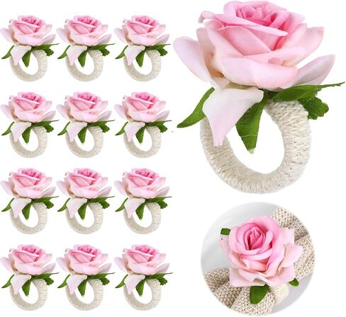 Flower Napkin Rings Set of 12, Handmade Pink Rose Flower Spring Napkin Rings Holder, Romantic Table Decorations for Mother's Day, Wedding, Easter, Birthday, Tea Party in Saudi Arabia