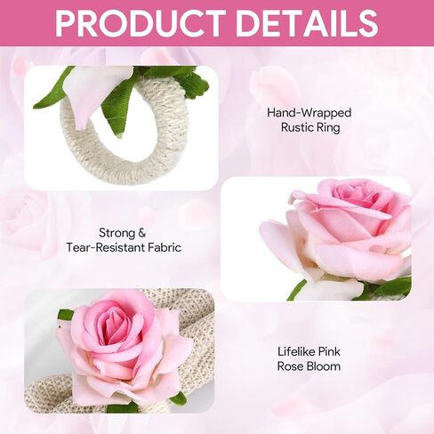 Flower Napkin Rings Set of 12, Handmade Pink Rose Flower Spring Napkin Rings Holder, Romantic Table Decorations for Mother's Day, Wedding, Easter, Birthday, Tea Party in Saudi Arabia