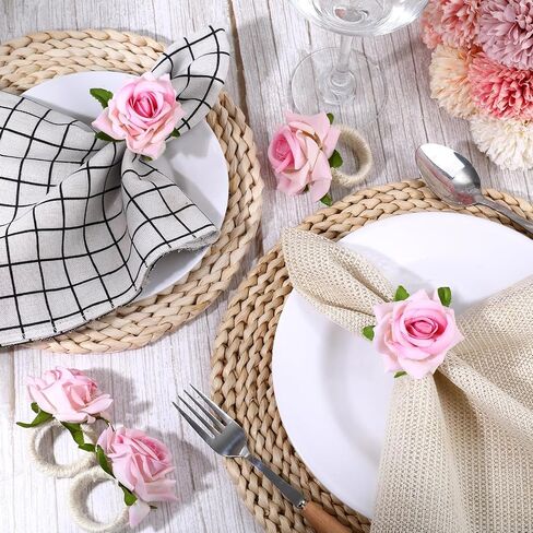 Flower Napkin Rings Set of 12, Handmade Pink Rose Flower Spring Napkin Rings Holder, Romantic Table Decorations for Mother's Day, Wedding, Easter, Birthday, Tea Party in Saudi Arabia