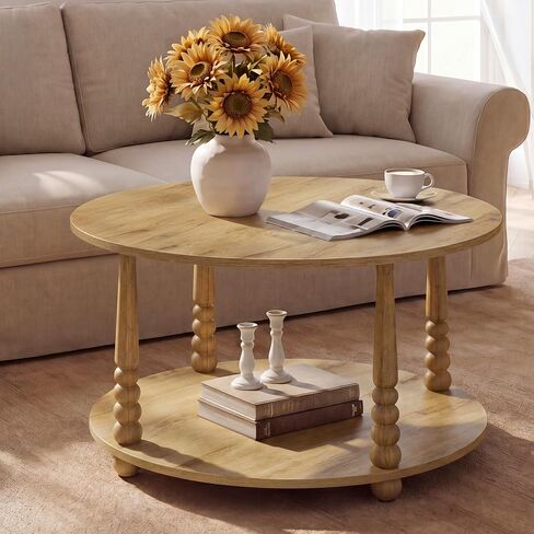 VASAGLE 2-Tier Round Coffee Table with Storage, Solid Wood Legs in Kuwait