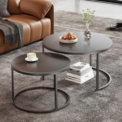 Round Nesting Coffee Table, Black Modern Decorative Coffee Center Table Set of 2,Round Sintered Stone 24'' Coffee Table for Living Room with Sturdy Metal Frame. in Kuwait
