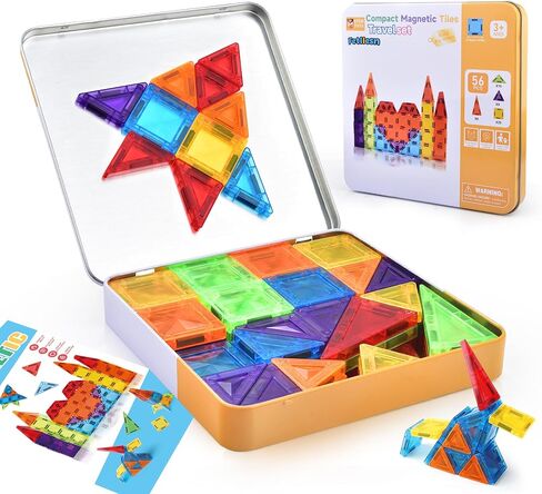 Travel-Friendly Mini Magnetic Tiles with Portable Magnetic Case - Educational Toys for Kids at Home, Car & Travel 56PCS in Kuwait