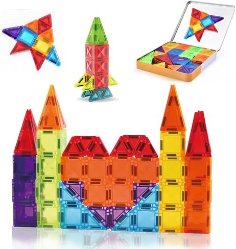 Travel-Friendly Mini Magnetic Tiles with Portable Magnetic Case - Educational Toys for Kids at Home, Car & Travel 56PCS in Kuwait