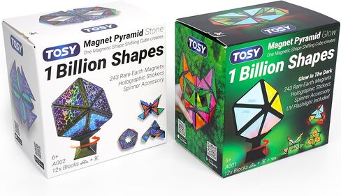 TOSY Magnet Pyramid Glow - 1 Cube Transforms into 1 Billion Shapes, 12 Pieces, 243 Rare Earth Magnets, Glowing, Holographic Design Magnet Tiles Creative Puzzle STEM/STEAM Toy in Kuwait