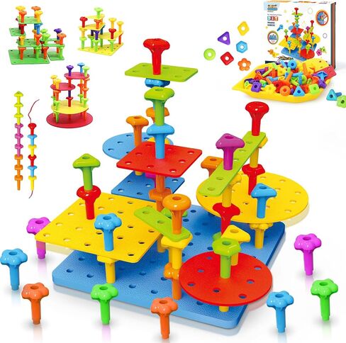 Peg Board Toy set 73Pcs DIY Building Stacking Toys for Kids 3-6 Years Old,STEM Educational Kids Toy for Brain Development,Montessori Sensory Toys,Upgrade Various Foam Board Plastic Lacing String Game in Kuwait