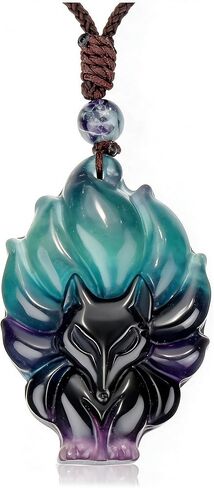 Top Plaza Womens Reiki Healing Crystal Ice Obsidian Gemstone Necklaces Adjustable Lucky Fox Amulet Protection Pendant Necklace Fox Jewelry in Saudi Arabia