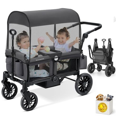 ELEMARA Foldable Wagon Stroller, Stroller Wagon for 2 Kids, Premium All Terrain Wagon for Kids with Removable Canopy, Adjustable Push/Pull Handle, Harnesses, Large Storage Bag, Black in Saudi Arabia