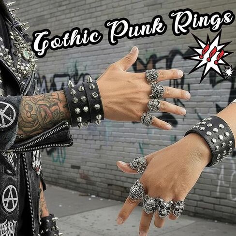 12 Pieces Vintage Punk Rings Set, Stainless Steel Gothic Biker Adjustable Rings Skeleton Skull Tiger Ring Drgon Lion Head Ring in Kuwait