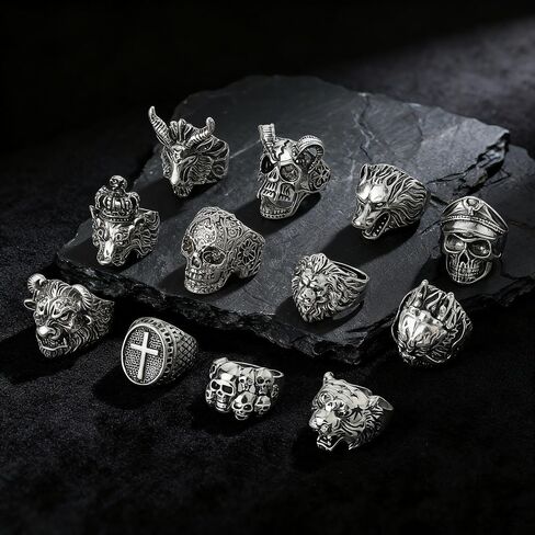 12 Pieces Vintage Punk Rings Set, Stainless Steel Gothic Biker Adjustable Rings Skeleton Skull Tiger Ring Drgon Lion Head Ring in Kuwait