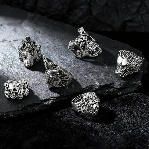 12 Pieces Vintage Punk Rings Set, Stainless Steel Gothic Biker Adjustable Rings Skeleton Skull Tiger Ring Drgon Lion Head Ring in Kuwait