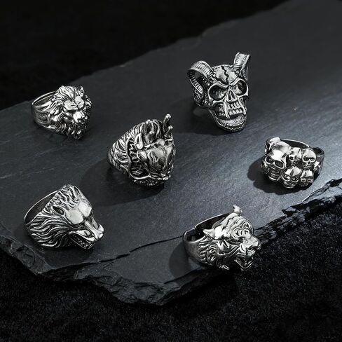 12 Pieces Vintage Punk Rings Set, Stainless Steel Gothic Biker Adjustable Rings Skeleton Skull Tiger Ring Drgon Lion Head Ring in Kuwait