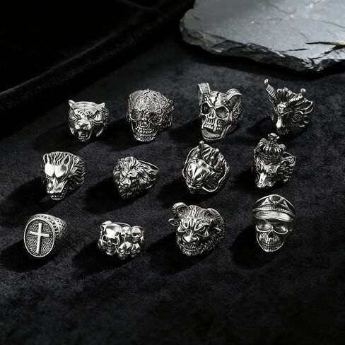 12 Pieces Vintage Punk Rings Set, Stainless Steel Gothic Biker Adjustable Rings Skeleton Skull Tiger Ring Drgon Lion Head Ring in Kuwait
