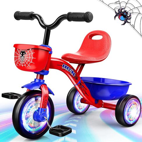 Tricycle for Toddlers 1-3 3-5 Year Olds, Spider Toddler Bike Baby Balance Bike with Colorful Lighting Wheels & Large Basket, Birthday Gift and Toy for 1 2 3 4 5 Year Olds Boys and Girls in Saudi Arabia