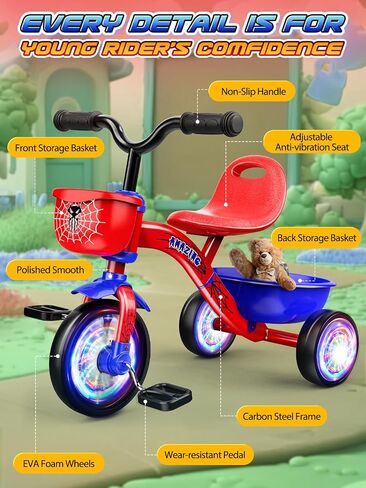 Tricycle for Toddlers 1-3 3-5 Year Olds, Spider Toddler Bike Baby Balance Bike with Colorful Lighting Wheels & Large Basket, Birthday Gift and Toy for 1 2 3 4 5 Year Olds Boys and Girls in Saudi Arabia