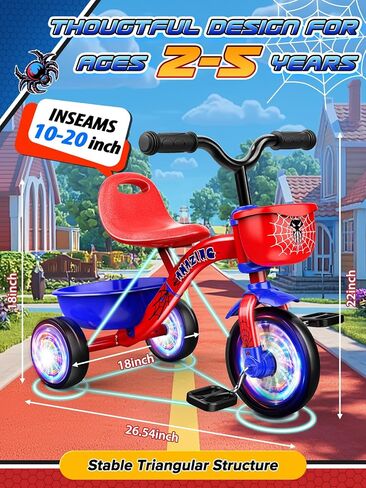 Tricycle for Toddlers 1-3 3-5 Year Olds, Spider Toddler Bike Baby Balance Bike with Colorful Lighting Wheels & Large Basket, Birthday Gift and Toy for 1 2 3 4 5 Year Olds Boys and Girls in Saudi Arabia